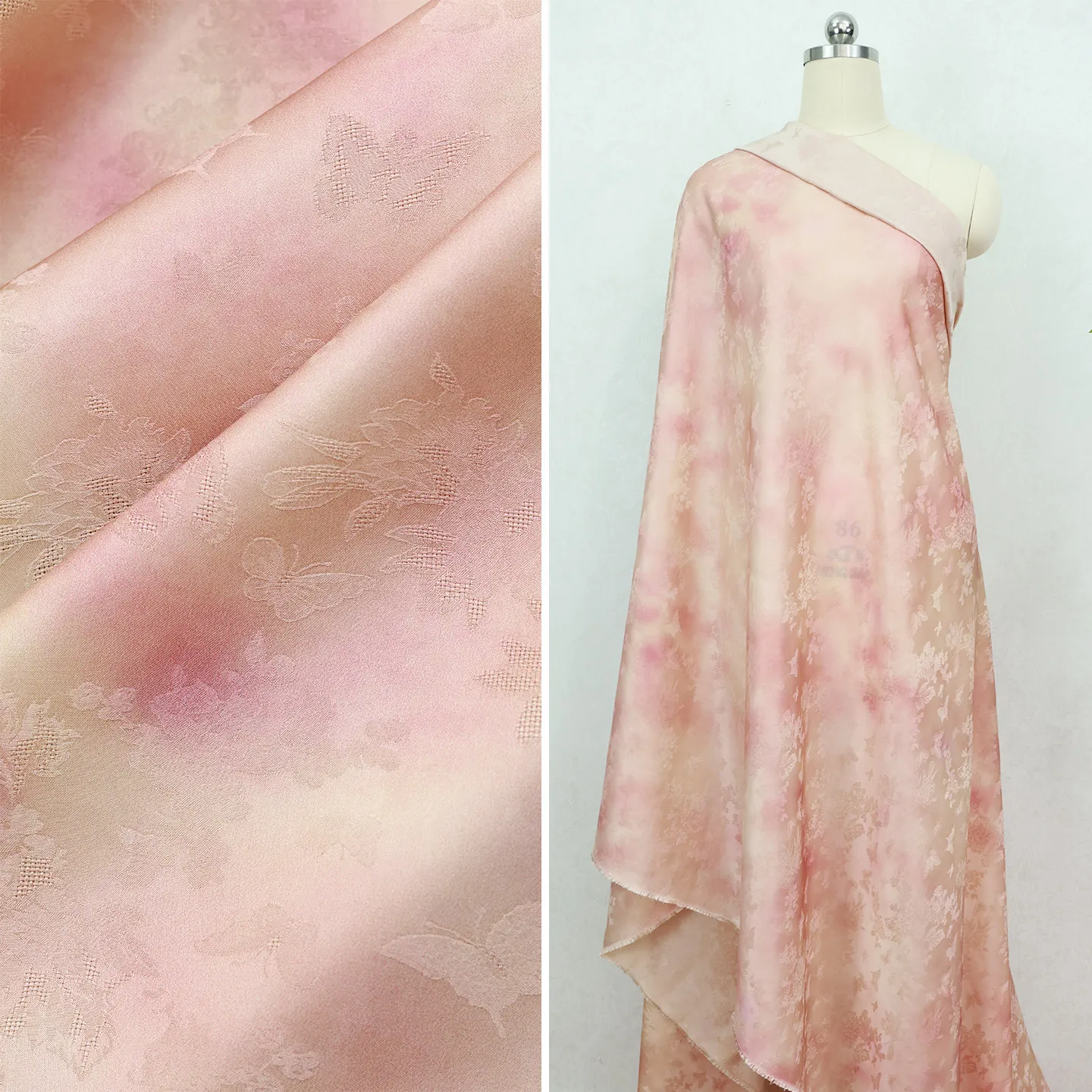 High Quality Peach Xizhao Plant Dyed Silk Jacquard Satin Silkworm Silk Fabric Hanfu Chinese Cheongsam Designer Cloth
