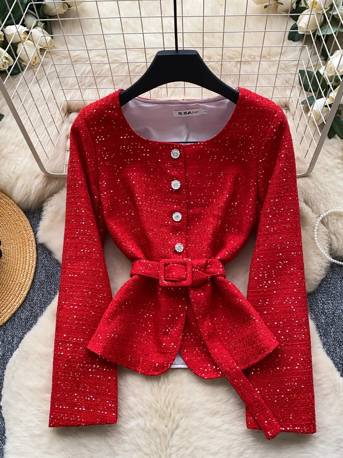 Shirley Chenille Belted Sequin Shirt Women's Commute Single Button Slimming Elegance Top Polyester Fiber Long Sleeve round Neck