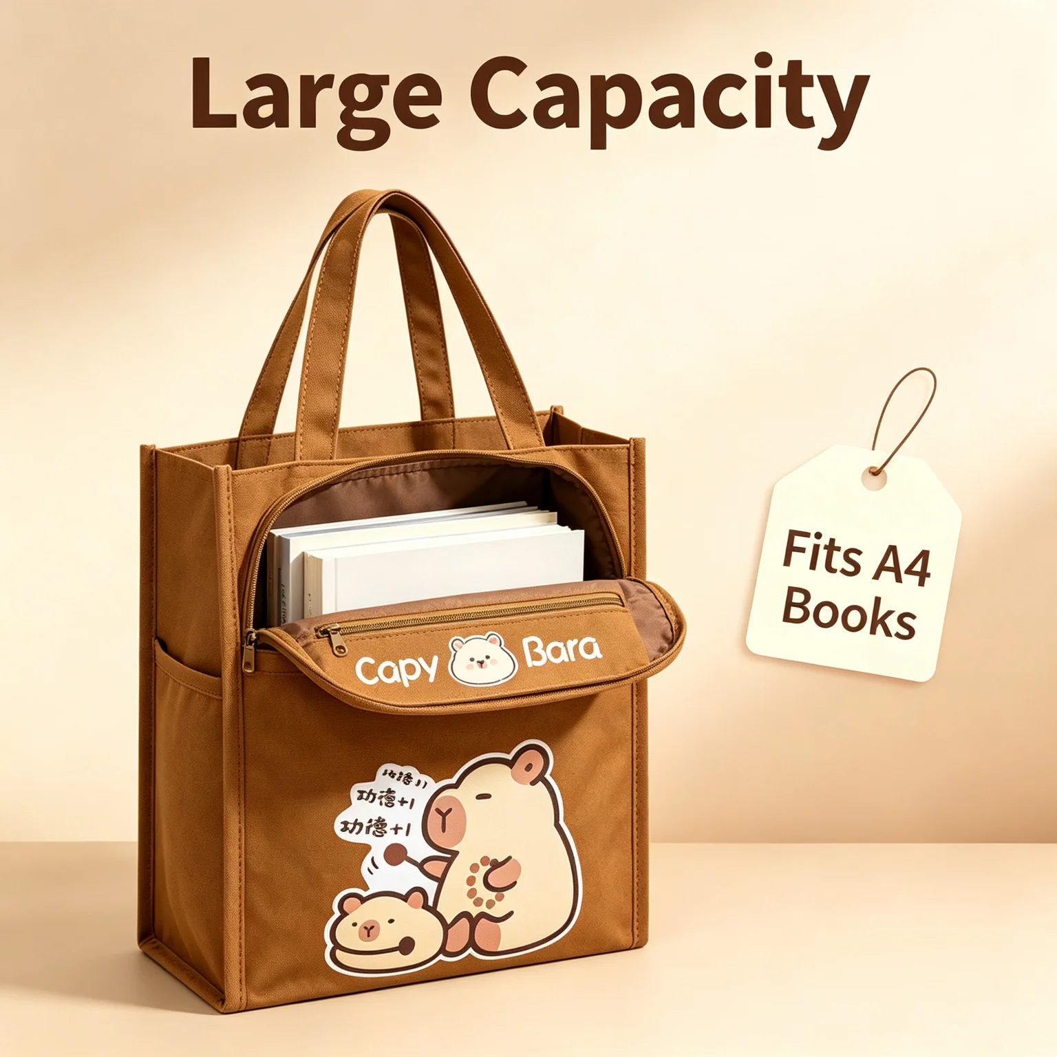 Capybara Tote Bag for School, Waterproof Oxford Canvas Large Capacity Shoulder Bag with Zipper Pocket, Cute Cartoon Handbag for