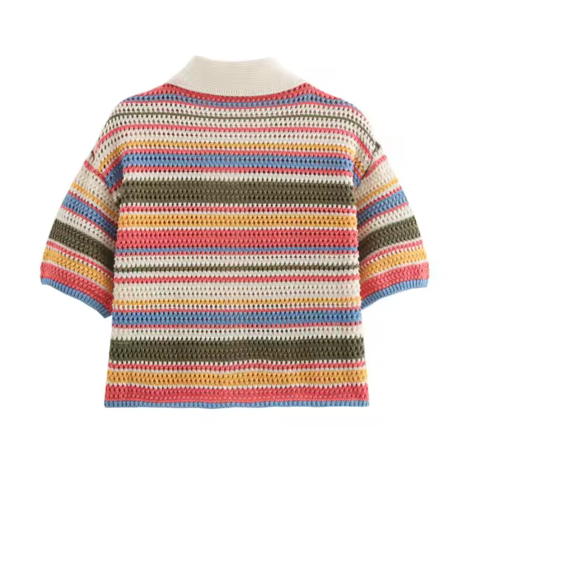Women Patchwork Striped Hollow Out Crochet Knitted Crop Sweater Shorts Set Short Sleeve Polo Collar Sweater Knit Shorts Suit Y2K - Image 6