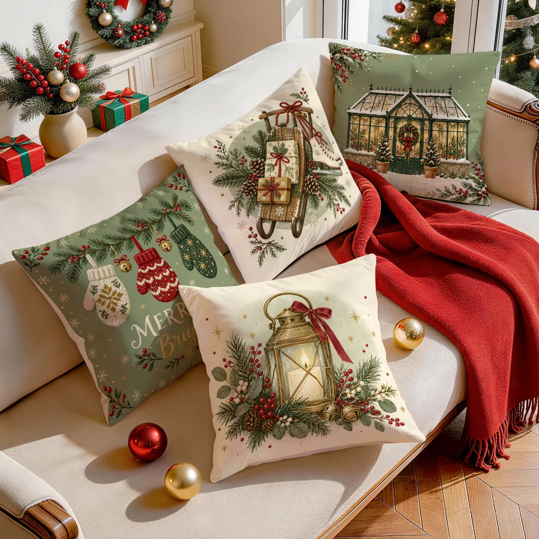 Winter Olive Sled Pillowcase Printed Polyester 40/45/50cm Throw Pillowcover Decorative Sofa Cushion Pillowslip Home Decor