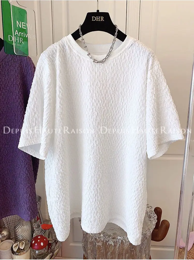 T-Shirt a maniche corte pigra con scollo tondo pieghettato Texture Top camicia Casual allentata da donna 2023 primavera/estate nuova