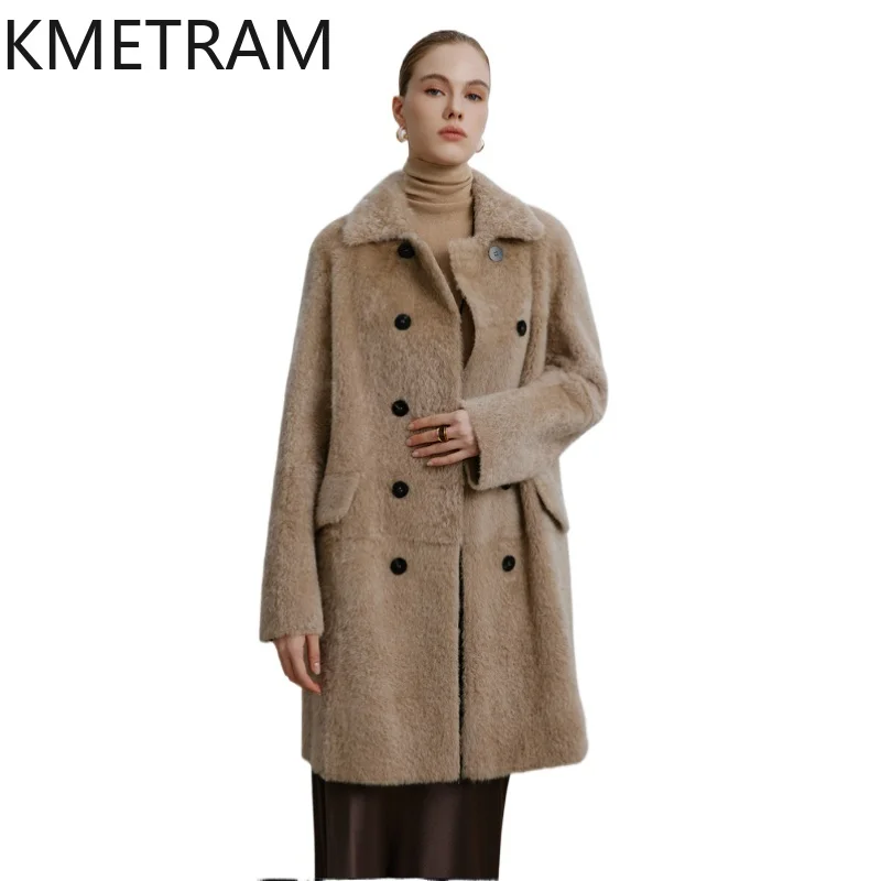 

KMETRAM 100% Natural Lagon Sheepskin with Wool Attached Jacket Woman Fashion Mid Length Real Fur Coat Winter Clothes 2026 шуба