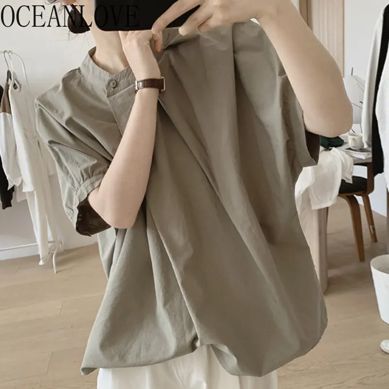 OCEANLOVE Summer Blouses Irregular Loose Solid Summer Short Sleeve Women Shirts Korean Fashion Simple Blusas Mujer Tops