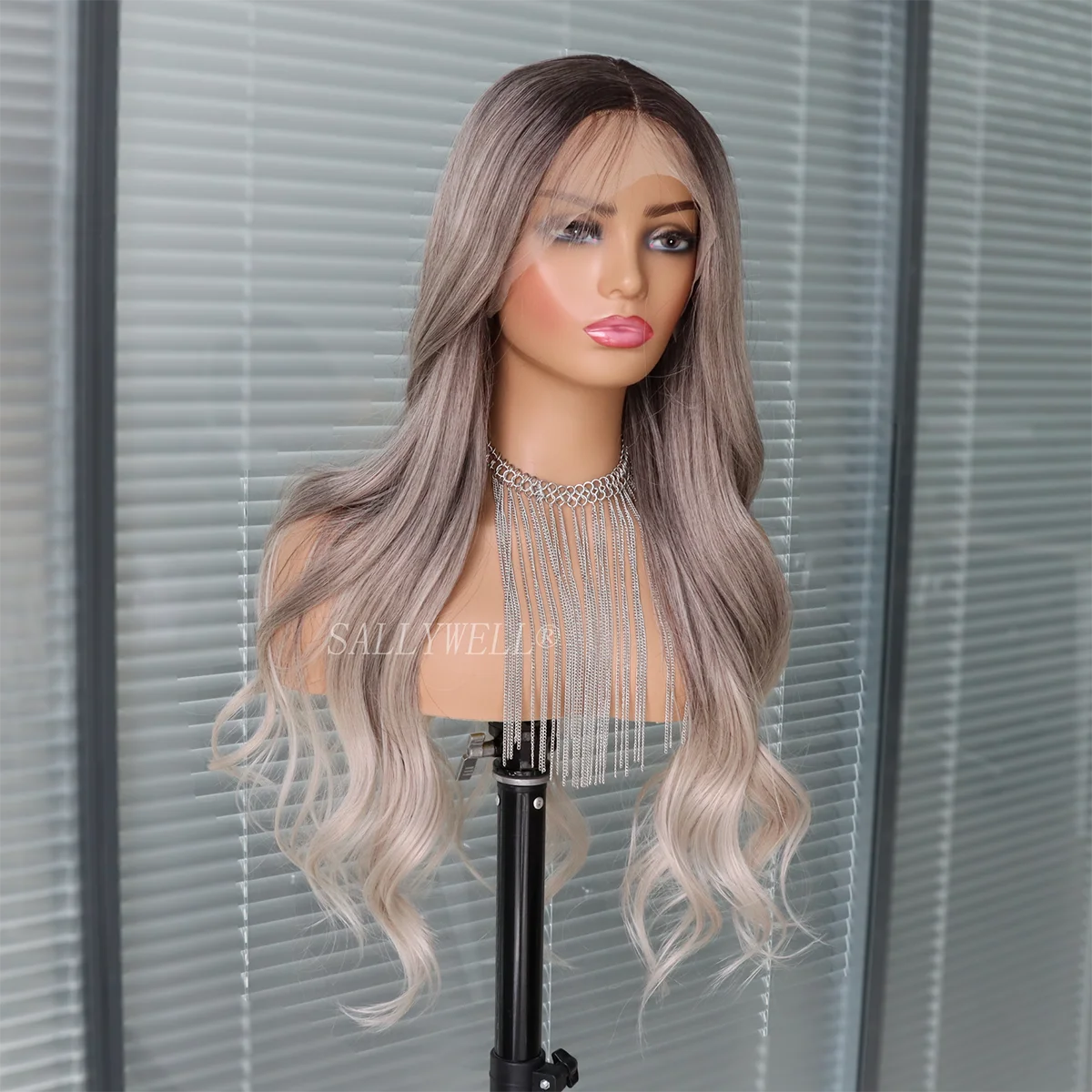 Silver Grey Lace Front Wigs for Women Halloween Curly Long Wavy Fashion Cosplay Ombre Black Mix Gray Hair Wigs with Wig Cap