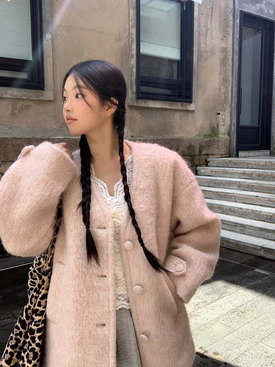 

Red Celebri Woolen Coat Women's Autumn Winter ort Sle Pink Fluffy Outerwear V-ne Single Button Closure Straight Cut