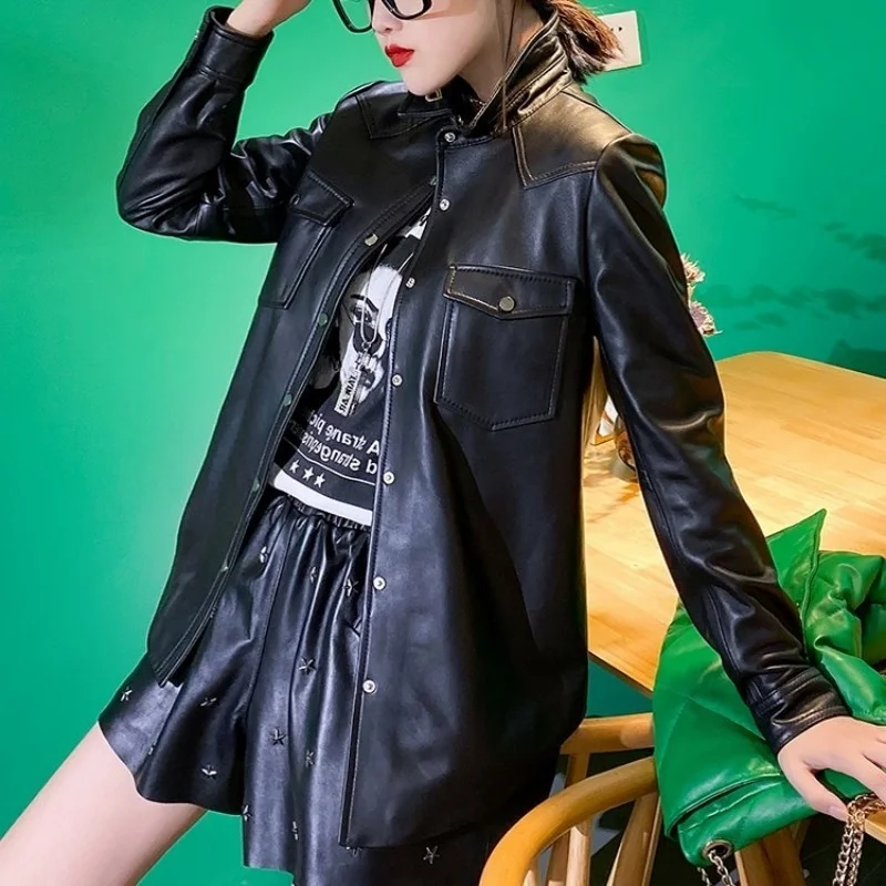 

2023 Streetwear Real Leather Jacket Women Slim Office Sheepskin Shirts Coat Single Breasted Casual Medium Long Jacket Outerwear
