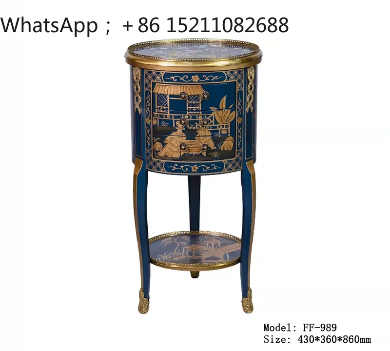 SCY retro living room side sofa corner few pure copper solid wood engraving round hand-painted small side cabinet