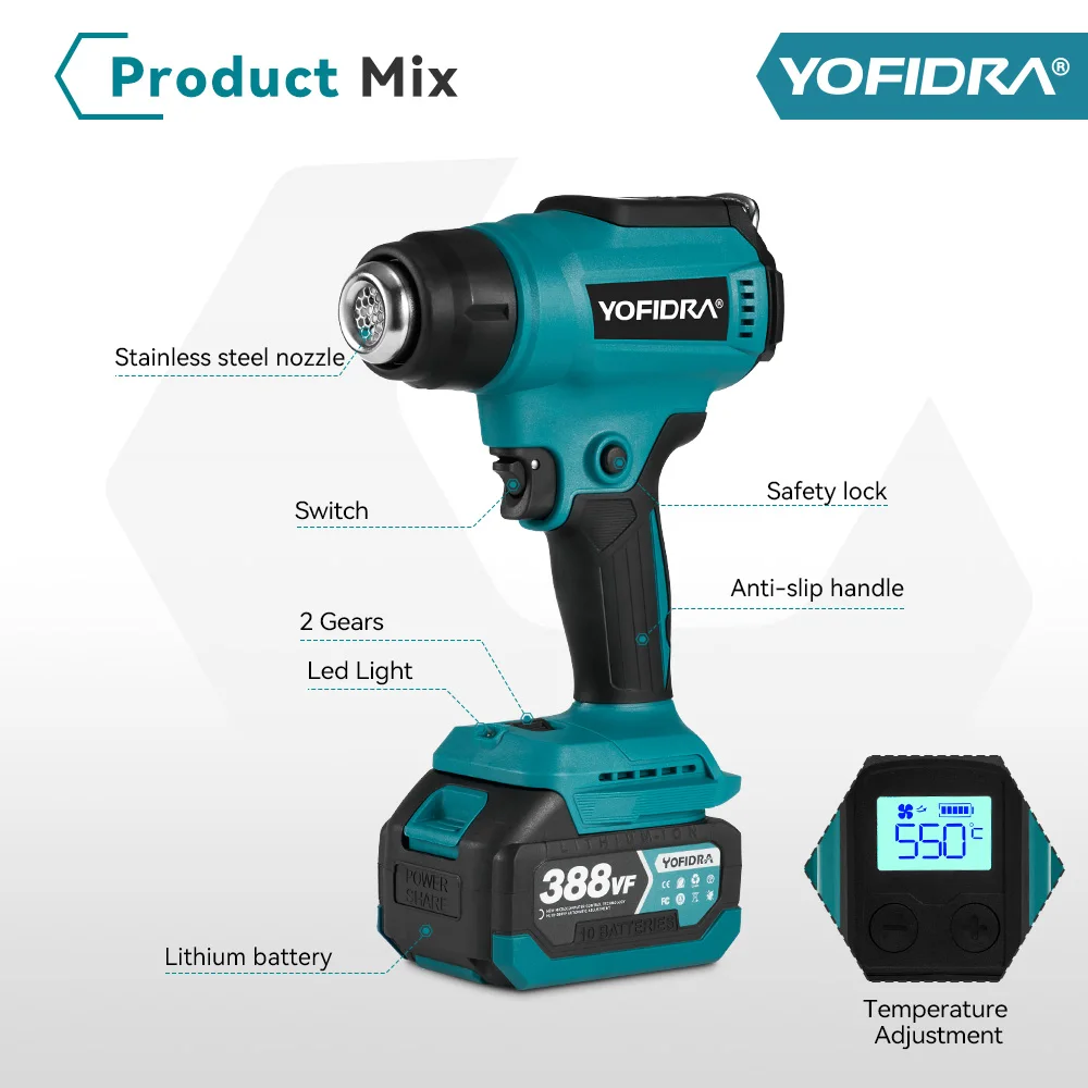 Yofidra 550℃ Hot Air Gun 2 Gears Adjustable LED Display Cordless Efficient Industrial Home Heat Gun Tools For Makita 18V Battery