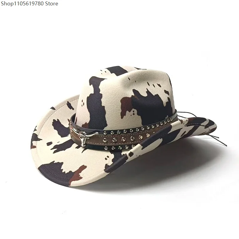 Cowboy Hat Bull Badage Men Women Classic Cow Print Wide Brim Western Travel Felt Band Decor Party Costume Fedora Roll Up Adult 5