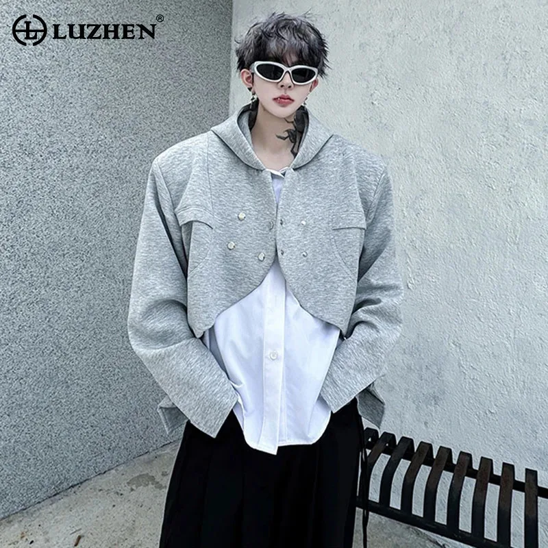 

LUZHEN Color Contrast Splicing Fake Two Piece Design Hoodies Coat Color Contrast Cross Double Breasted Loose Men's Jacket JY5880