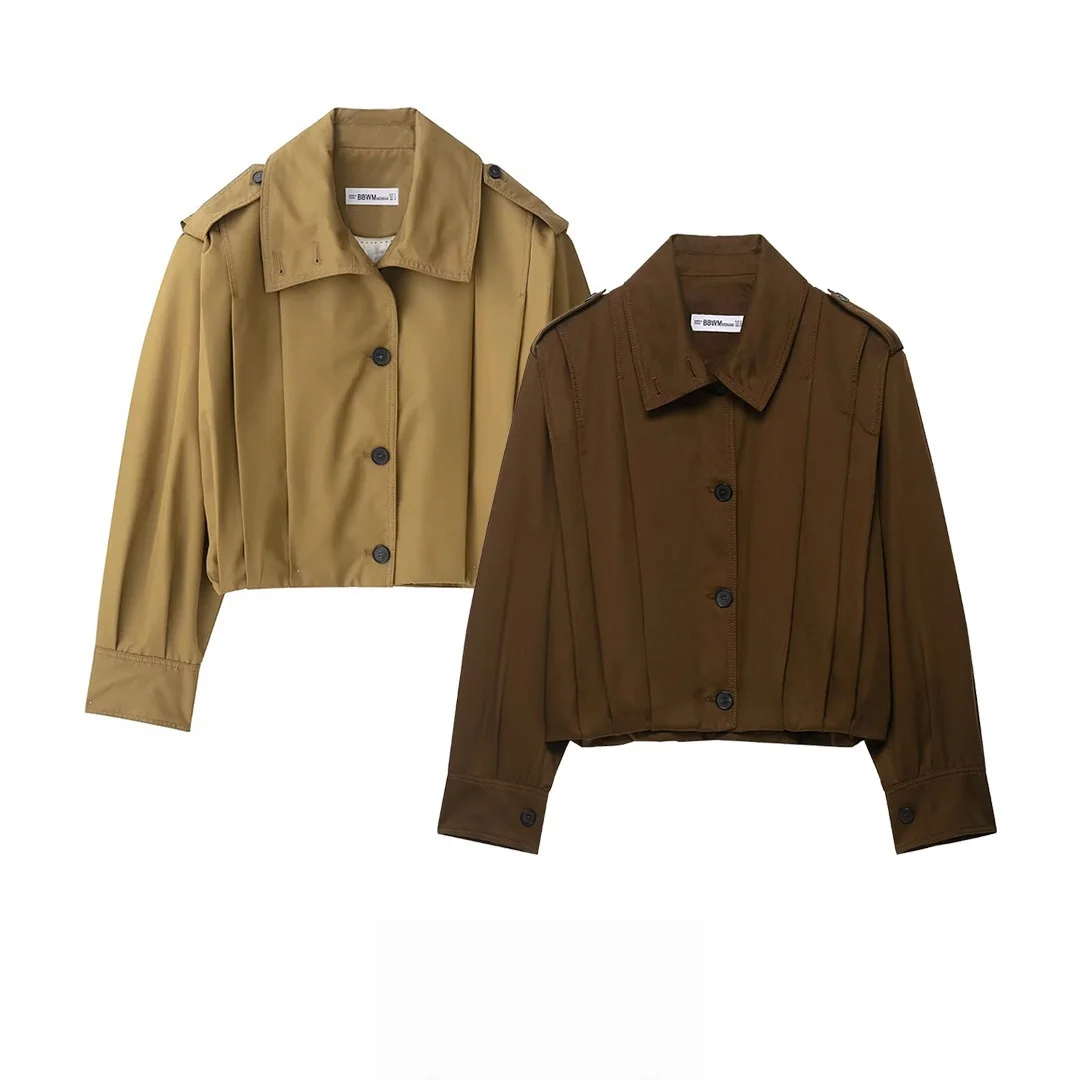 Women's Vintage High Collar Street Fashion Jacket Long Sleeves Lapel Single Breasted Casual Pleated Cropped Coat