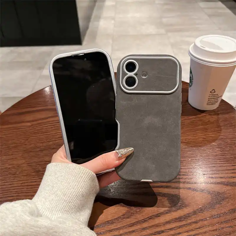 Luxury Matte Suede Leather Case for iPhone 16 Plus 15 14 13 12 11 Pro Max Plating Shockproof Lambskin Skin Soft Silicone Cover
