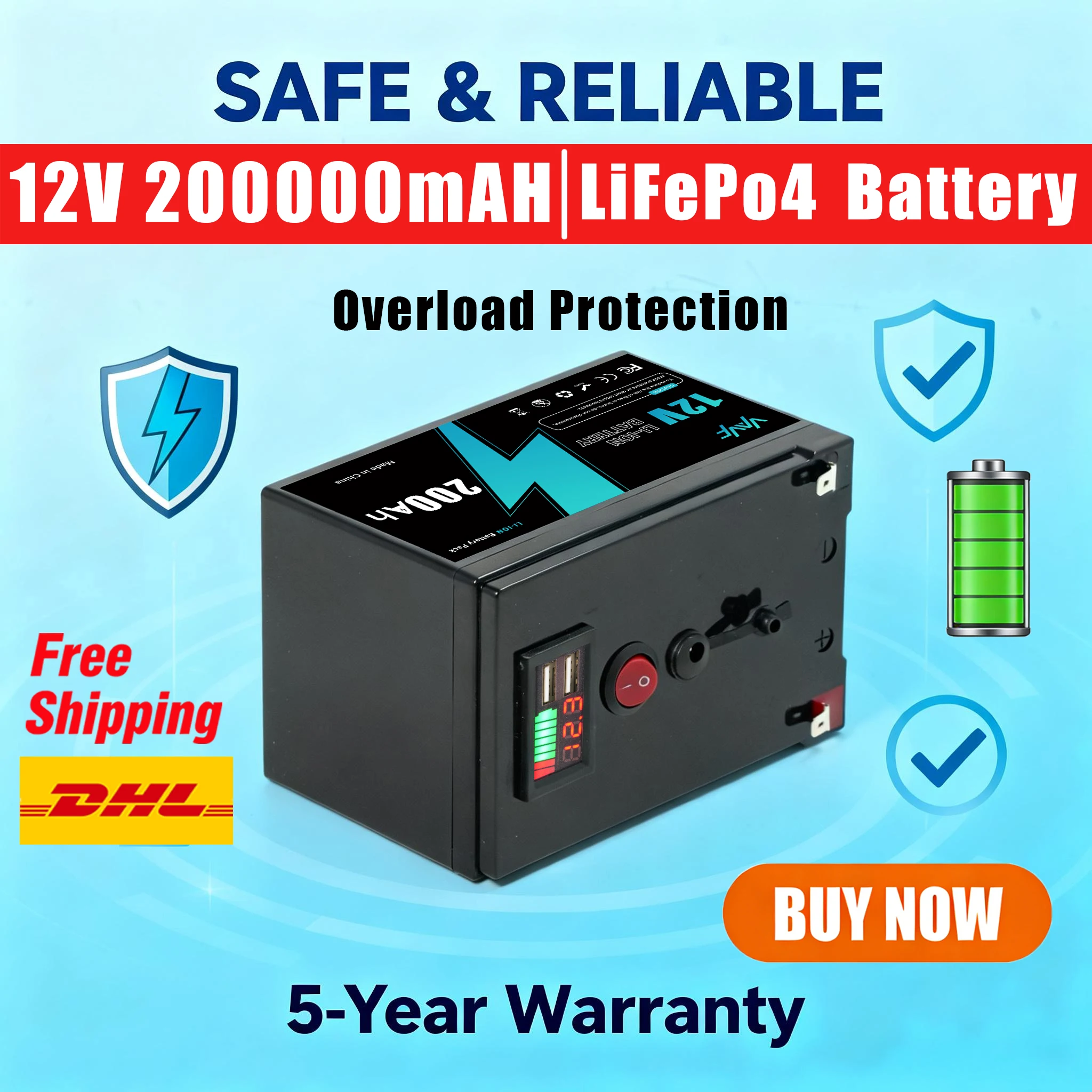 

LiFePO4 Battery Solar Battery 12V️200AH Lithium with Smart BMS for Solar Energy StorageOff-Grid Living, RV&Boat Electric