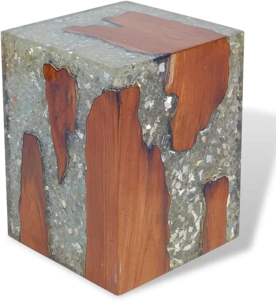 Stool Solid Teak Wood and Resin, Tree Stump Stool Live Edge, Natural Edge Side Table, Plant Stand, Nightstand for Living Room Be