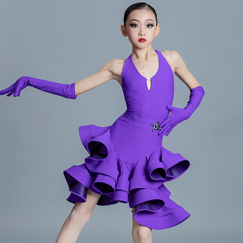 2024 Latin Dance Costume Girls Purple National Standard Latin Dance Professional Dress Child Chacha Ballroom Dance Wear SL7643