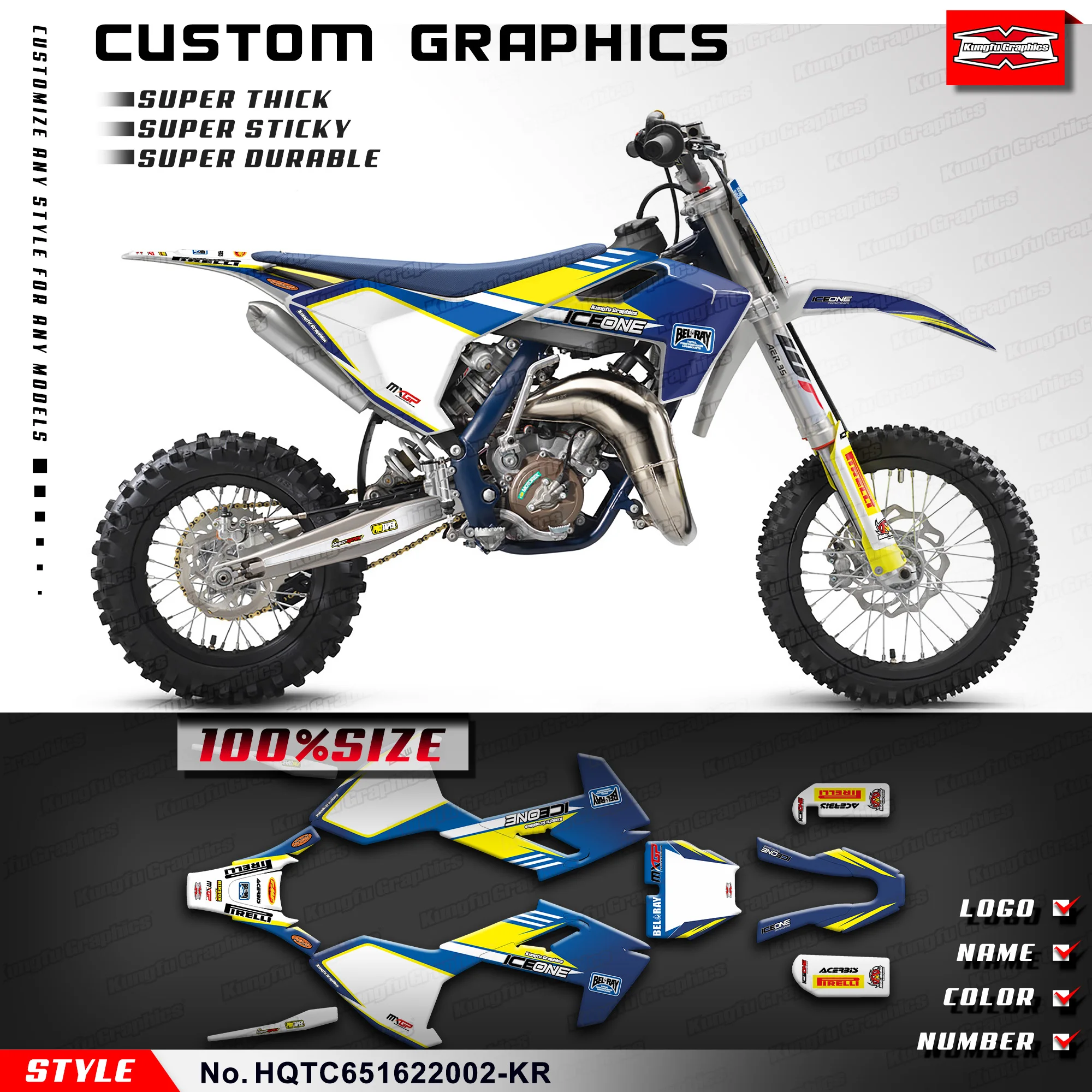 

KUNGFU GRAPHICS Motocross Stickers MX Racing Decals Kit for Husqvarna TC65 TC 65 2016-2023, HQTC651622002-KR