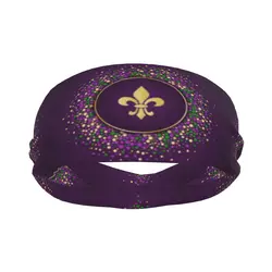 Sports Headband Portable Hair Band Mardi Gras Dotted Frame With Golden Fleur De Lis Hair Wrap Brace Running Exercising Sweatband