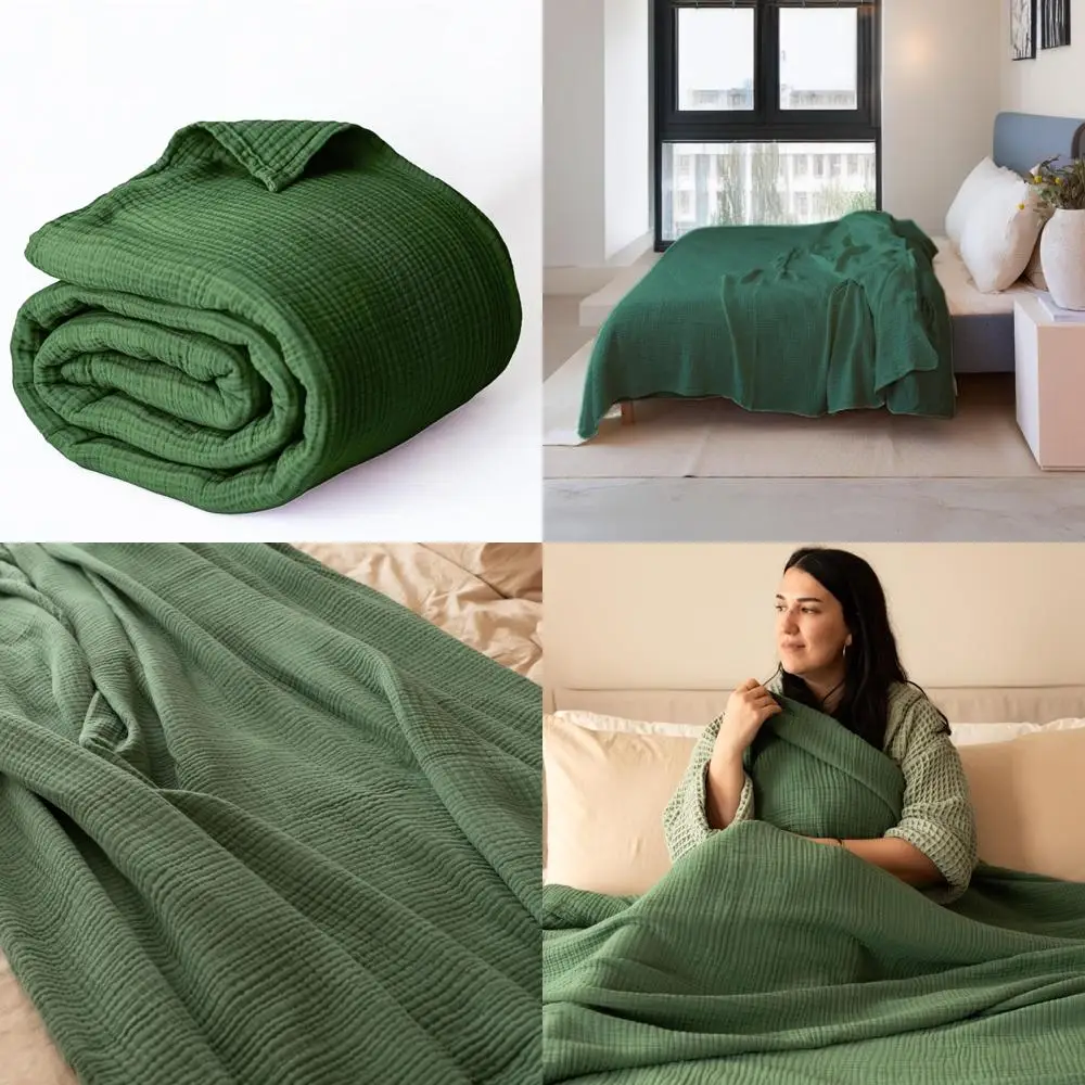 

Queen XL Size 95x102 Inches Pure 100% Cotton Muslin Throw Blanket, Soft and Luxurious Dark Green Bed Blanket for Comfort and War