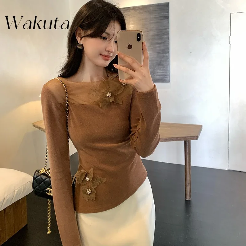 WAKUTA Fashion Temperament Round Neck Long-sleeved Thin Printed Inner Top Korean Ins Slim Elegant Flower Knitwear Свитер Женский