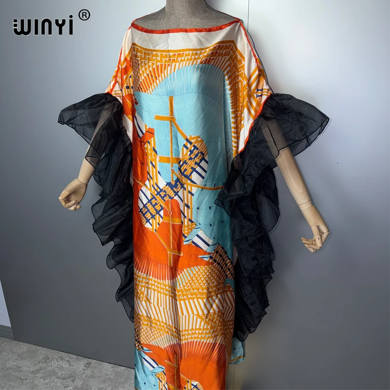WINYI Women's Summer Print Puff-Sleeve Evening Dress Kaftan Muslim Beach Abaya Dubai Luxury Female Holiday Clothing