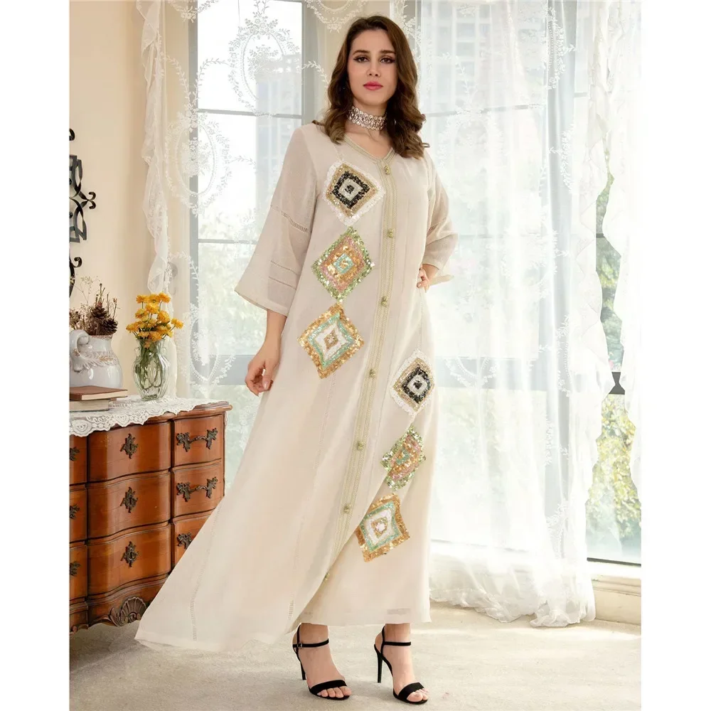

Luxury Sequins Abaya Dress For Women Moroccan Kaftan Turkey Arabic Jalabiya White Islamic Ethnic Robe 2024 Ramadan Eid Mubarak