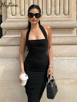Hugcitar 2025 elegante Halter negro espalda descubierta Sexy ceñido al cuerpo Maxi vestido de graduación verano mujeres Y2K ropa boda fiesta de cumpleaños