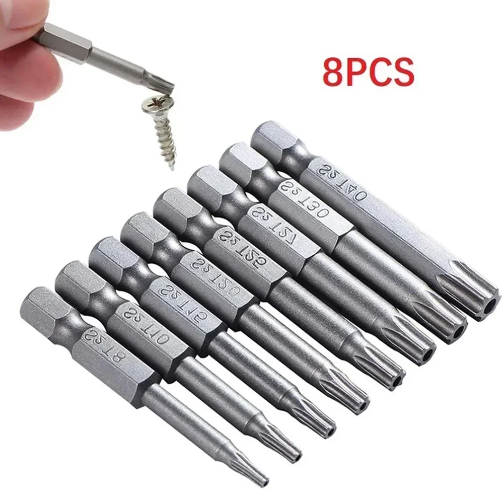 Imagem -01 - Torx Chave de Fenda Bits com Buraco Hex Shank Elétrica Screw Driver Blossom Oco Bit Grupo Ferramentas Manuais T8-t40 50 mm Pcs torx chave de fenda bits com buraco hex shank eletrica screw driver blossom oco bit grupo ferramentas manuais t8 t40 50 mm pcs 01