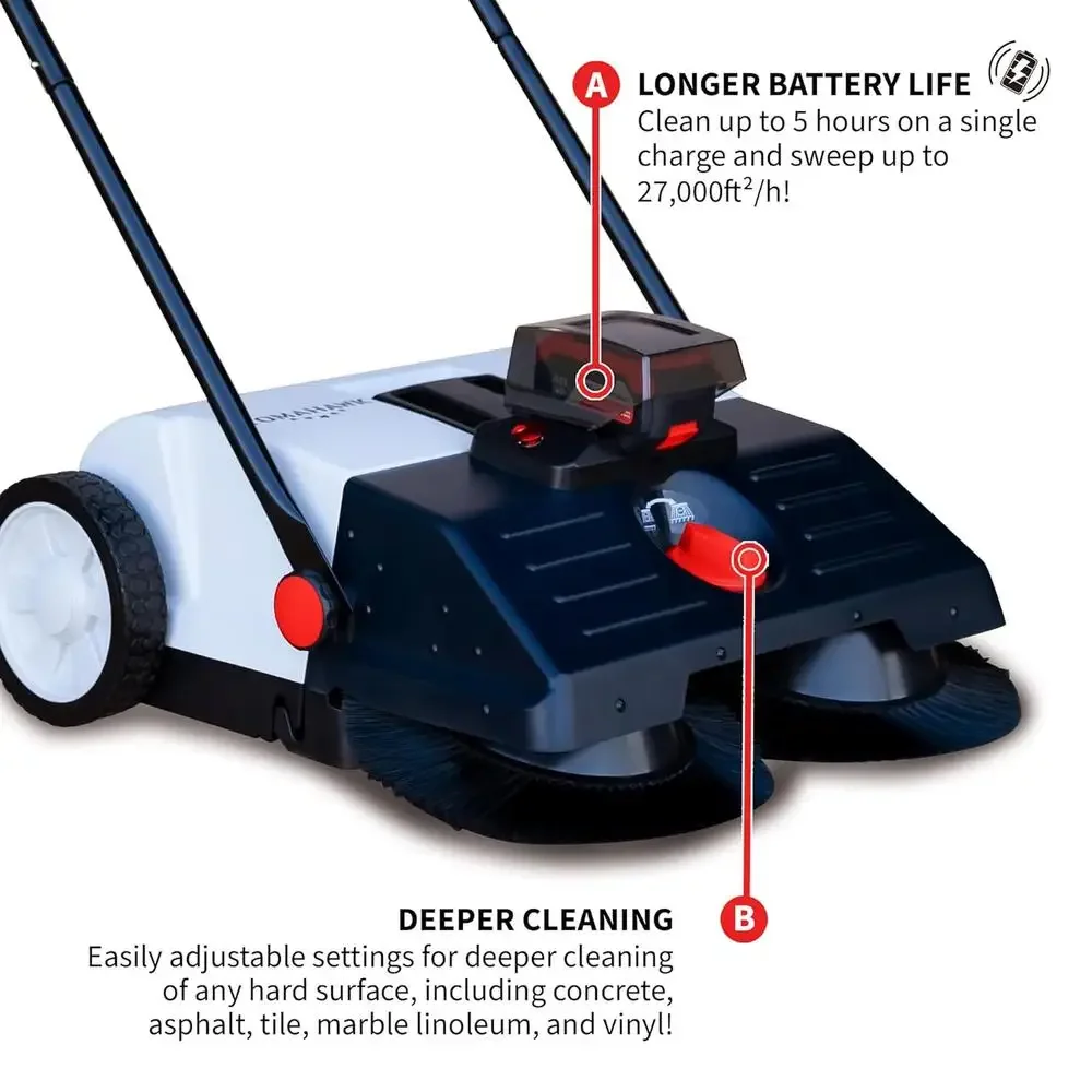 22 Inch Battery Powered Push Sweeper 18V Lithium Ion Dual Brush System Adjustable Settings Easy Operation Efficient Cleaning