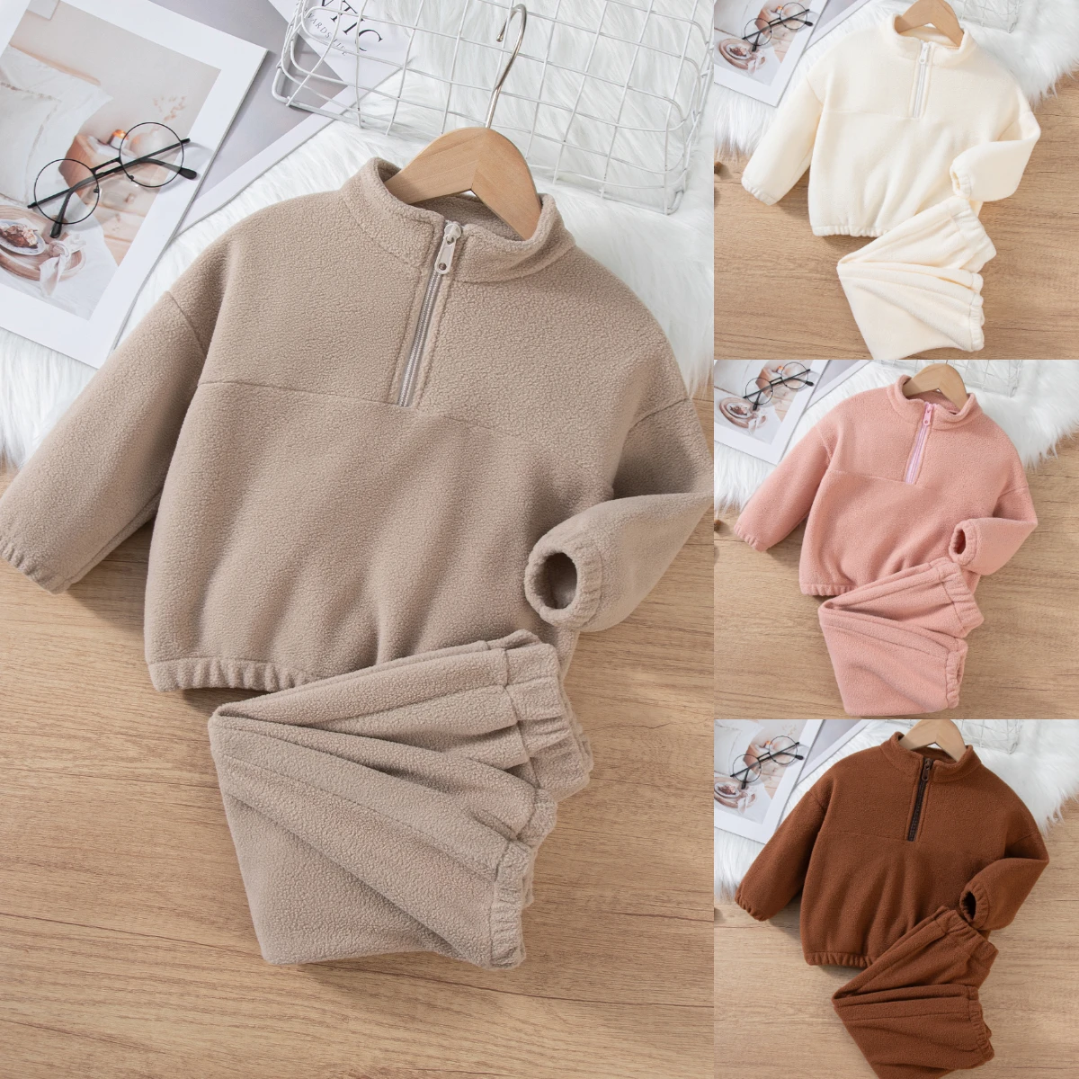 Girls Winter Casual Outfit Solid Color Fleece Thickened Hoodie Pants Clothes Set Half-Zip Children Sweater Sets