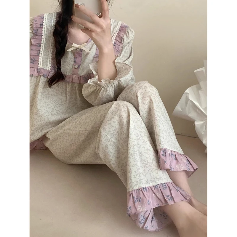 Ruffles Sleepwear Women Pajama Sets Autumn Piiama Floral Pants Sets for Women 2 Pieces O-neck Korean Night Wears Home Suit 2024