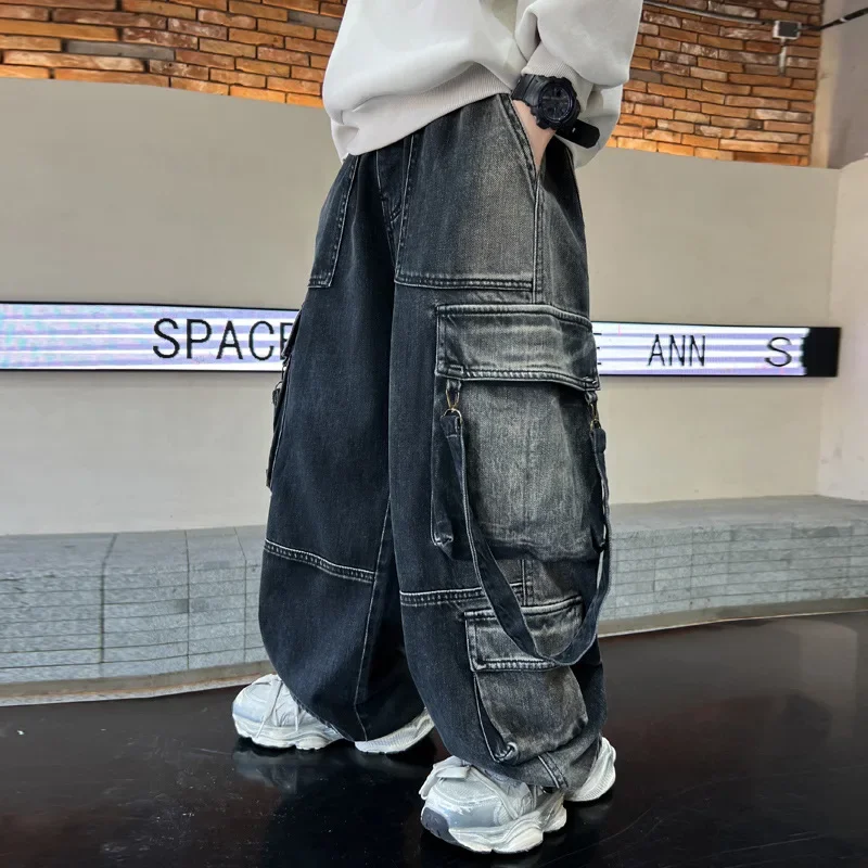 

Джинсы для стрит-дэнса, детские джинсы-карго, корейские джинсы для мальчиков, широкие брюки для стрит-дэнса
