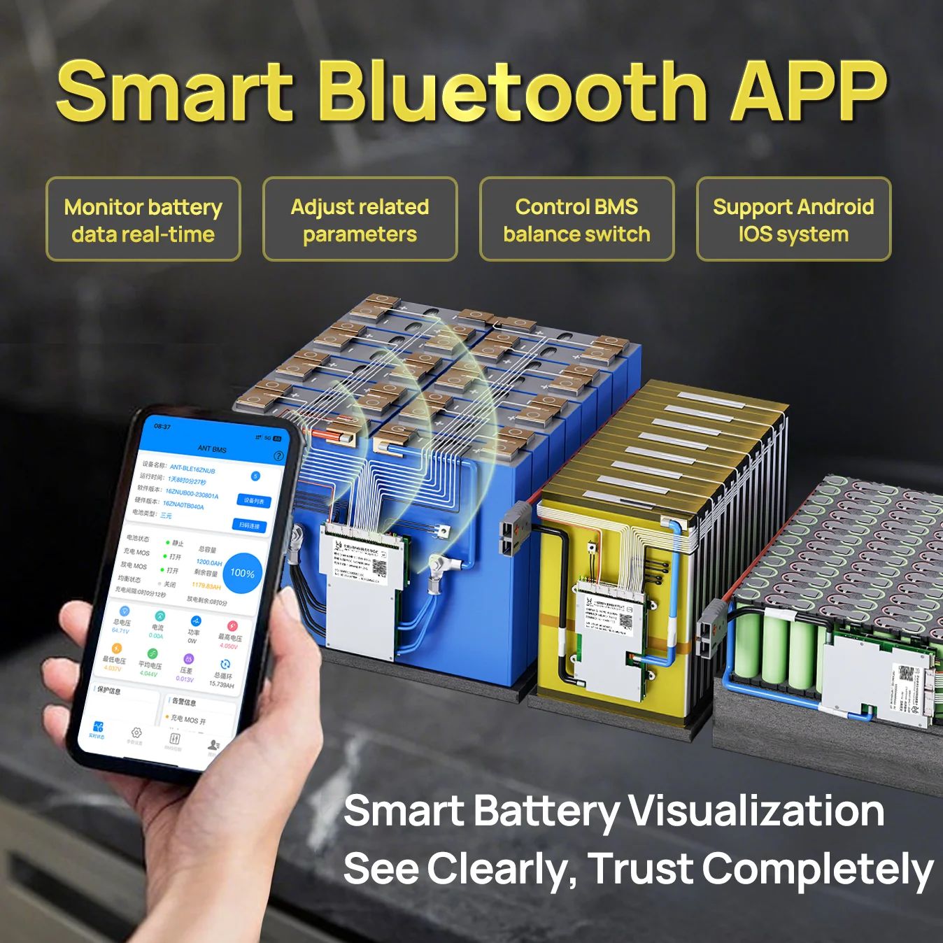 Ant inteligente bms 17-24s 50-340a 48v lifepo4/li-ion/lto balanceador de bateria bluetooth 280ah para e-bike motocicleta solar 24v pacote