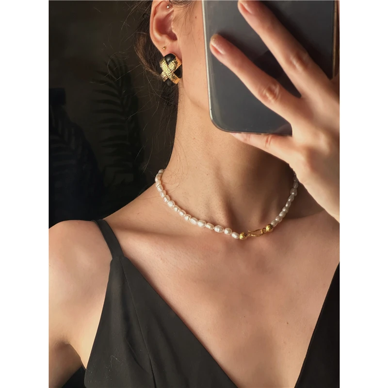 Brass With 18K Ball Linked Natural Pearl Necklaces Women Jewelry Punk Hiphop Designer Runway Simply Gown Boho Top Japan Korean