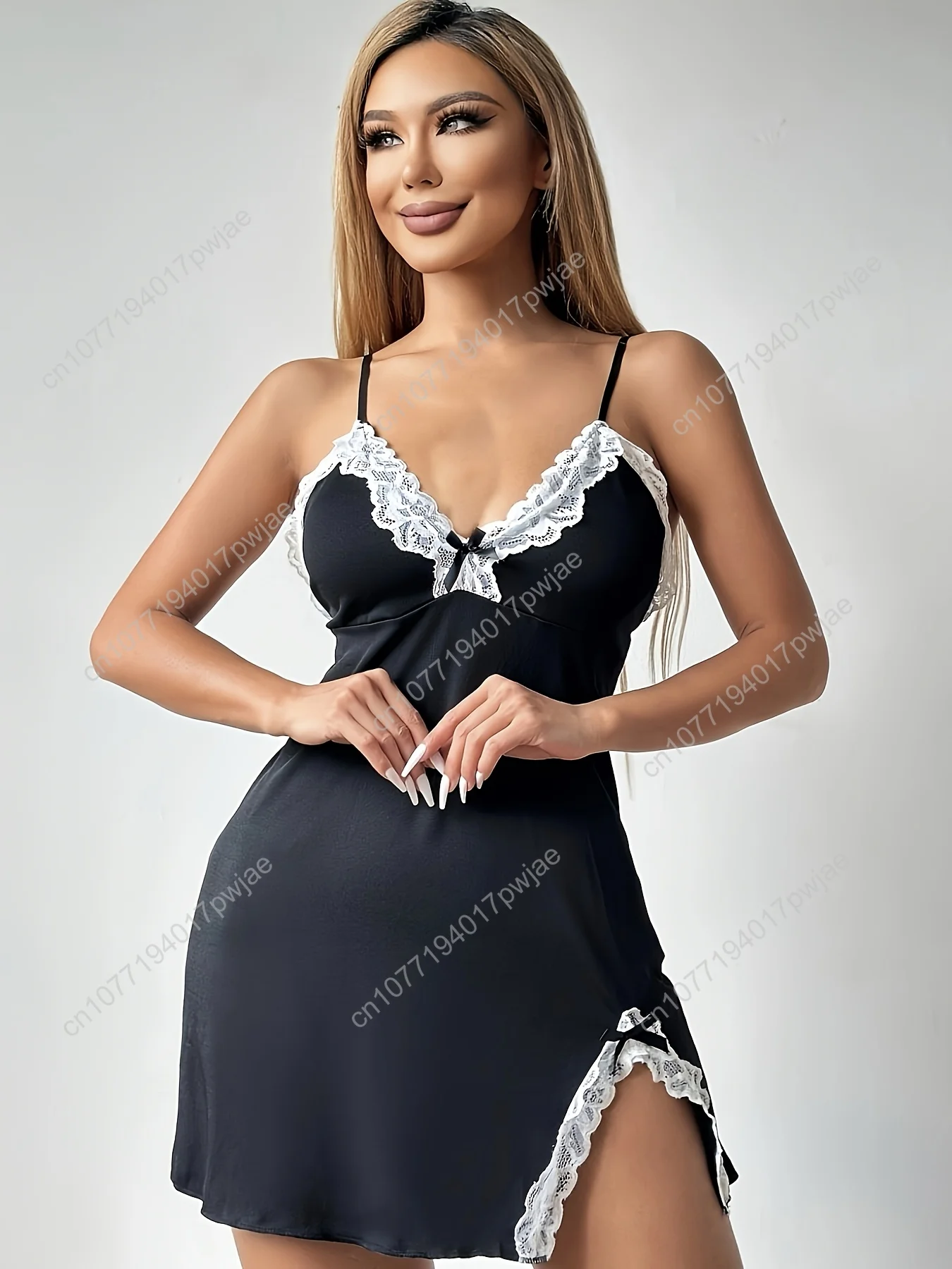[Chemise de nuit en dentelle] Chemise de nuit sexy en dentelle grise pour femme avec détail de nœud - Vêtements de nuit toutes saisons sans manches à col en V sans soutien-gorge inclus, E