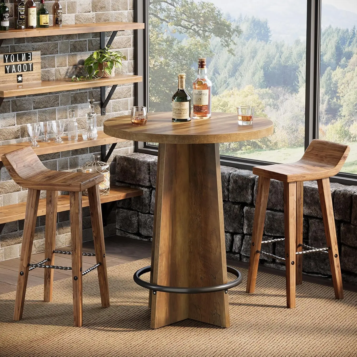 

Round Bar Table, 37.4'' Tall Wooden Bistro Pub Table with Base and Metal Ring Footrest, Cocktail Desk for Coffee, Customized