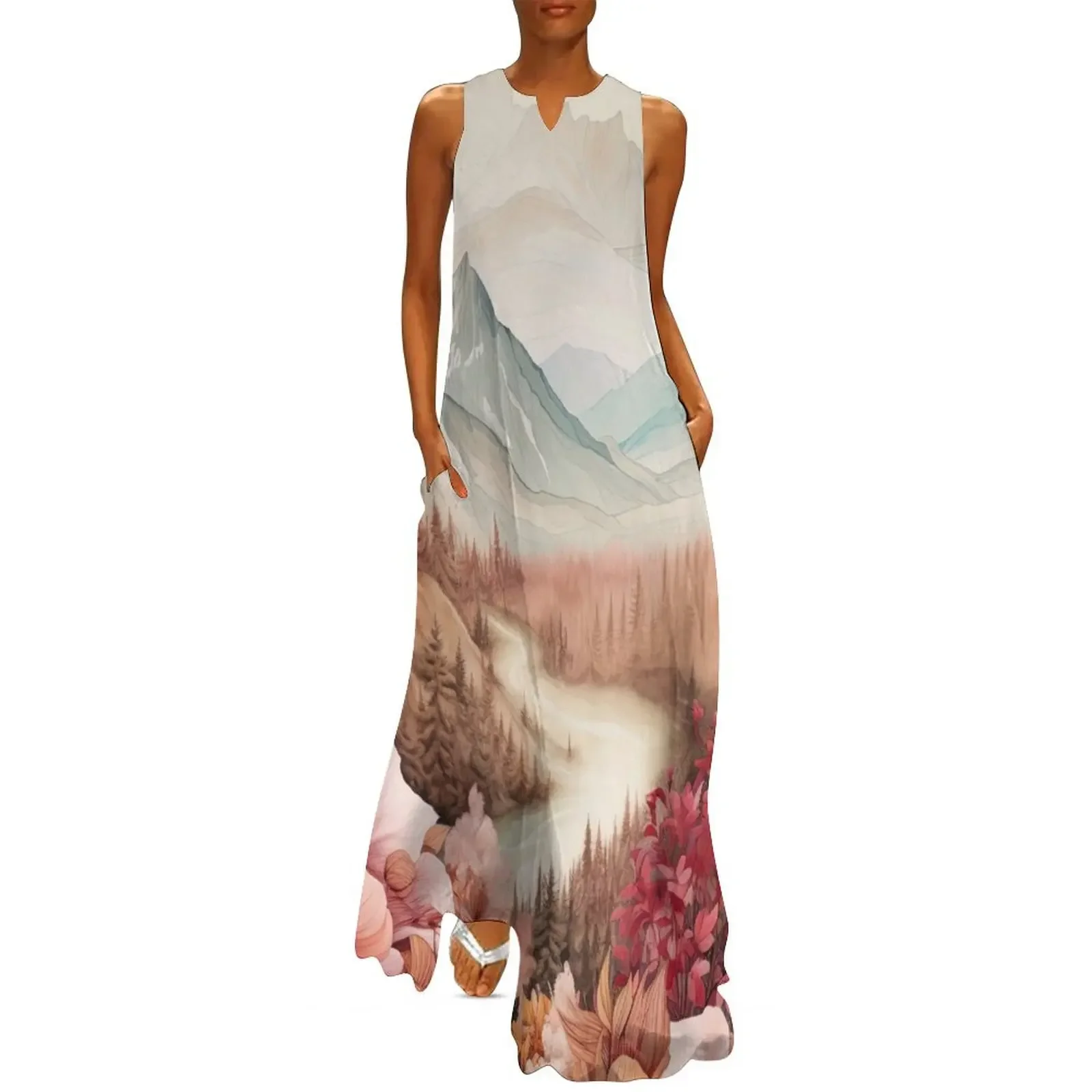 

Dreamy Lush Pastel Pinks Flowers and Mountains Art Long Dress Summer dresses for women sexy dress Dress woman