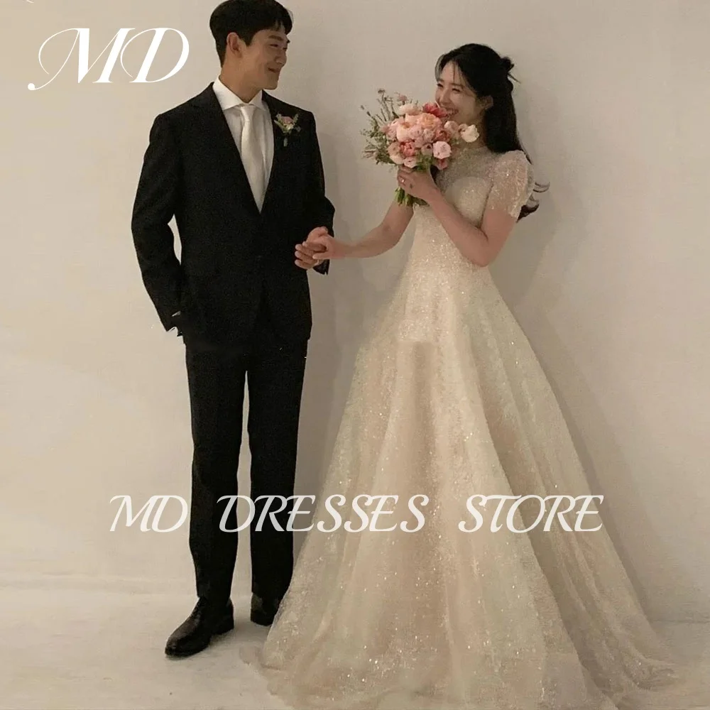 MD 2025 Princesa Lvory Una línea de vestido de novia Glitter Cuello alto Corea PhotoShoot Hasta el suelo Vestido de novia formal Personalizado Dende