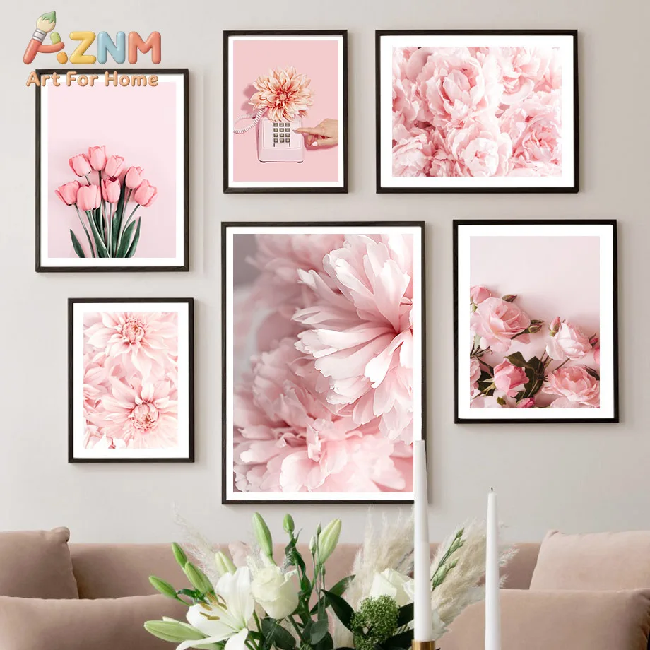 AZNM Pastel Pink Floral Canvas Wall Art Tulip Peony Dahlia Retro Telephone Flower Aesthetic Poster for Girls Bedroom Living Room