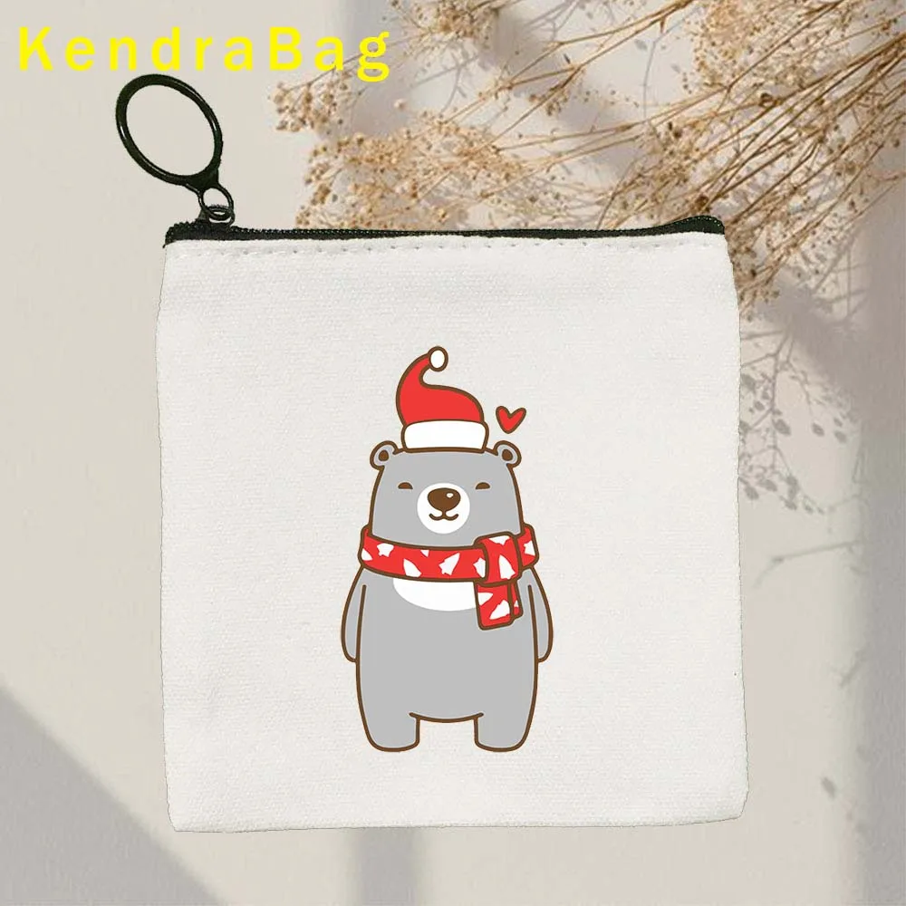 Funny Merry Christmas Reindeer Bear Hat Tree Green Elf Rudolph Santa Cute Cartoon Key Coin Purse Canvas Bags Pouch Wallet Gifts