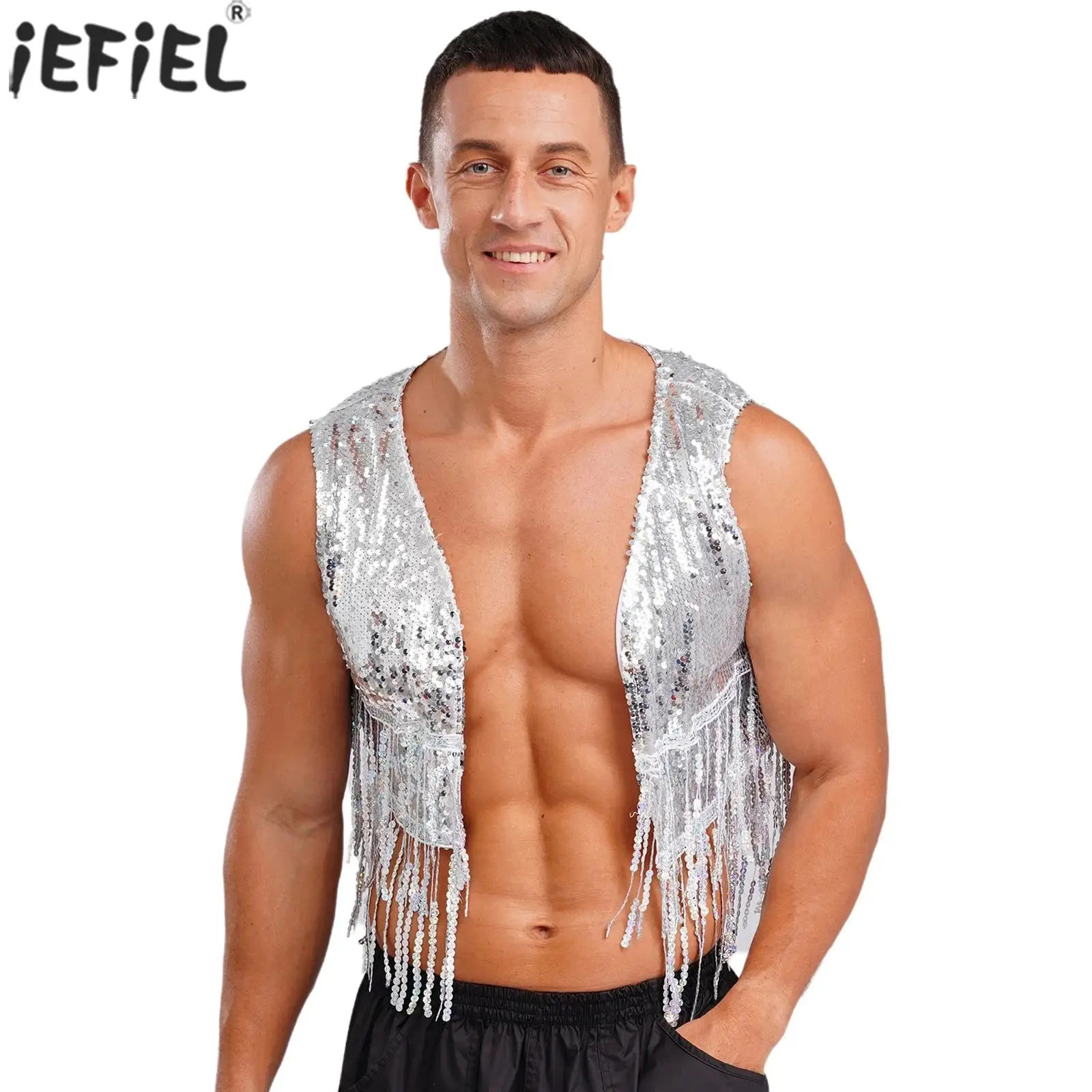

Shiny Tassel Cardigan Fashionable High Look Band Dance Vest Tops Men Sleeveless Sequin Fringe Cardigan Glittery Waistcoats