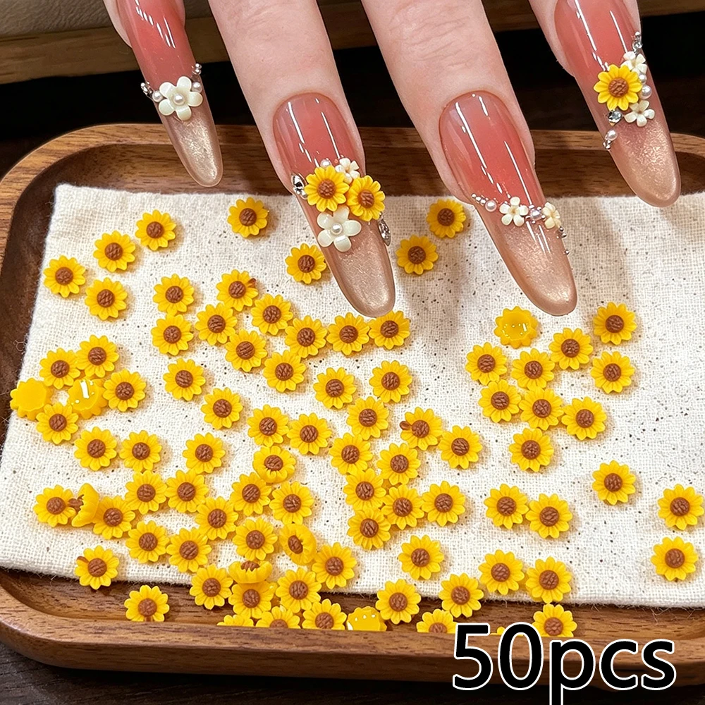 3D Summer Sunflower Resin Nail Art Charms 50pcs 4x4mm Cartoon Cute Yellow Daisy Mini Flatback Nail Decorations DIY Nail Supplies