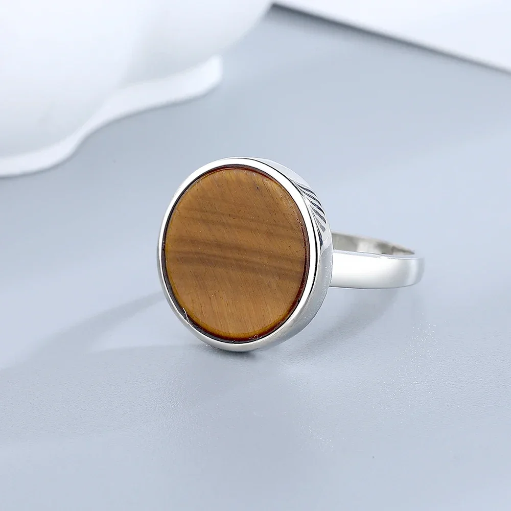 925 Sterling Silver Ring Inlaid Round Natural Stone Brief Design Cute Ring Fine Women Party Jewelry