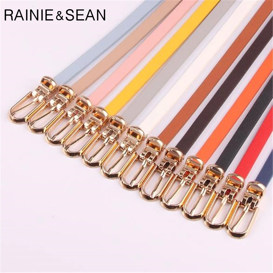 RAINIE SEAN Leather Dress Belt Woman Belts For Dress Candy Color Yellow Red Pink Brown PU Waist Thin Women\'s Belt Narrow Strap