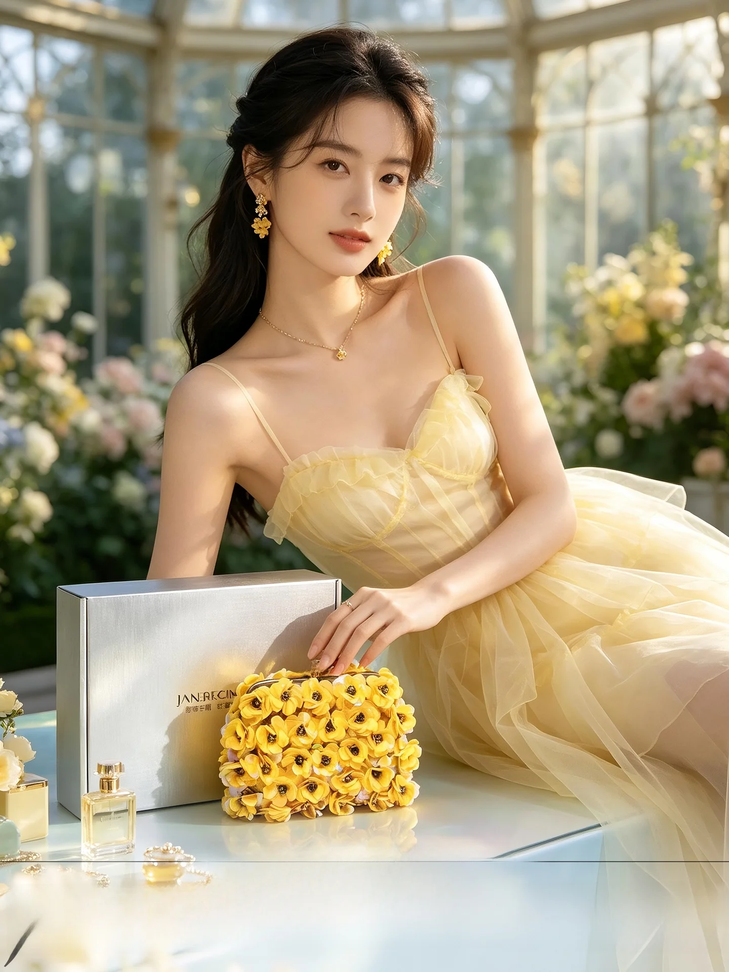 Bolso de Noche Amarillo con Bordado Floral 3D, Bolso Bandolera Personalizado para Fiestas y Banquetes, Tamaño Pequeño