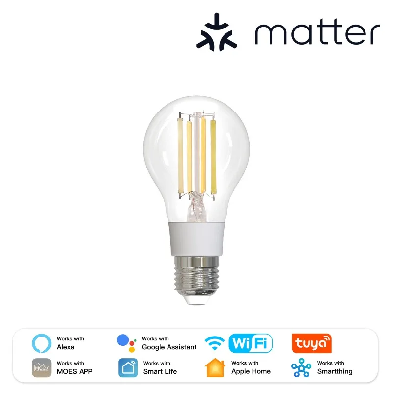 Ampoule LED intelligente à filament WiFi MOES TUYA Matter, lampe E27, dimmable, 2700K-6500K, 806Lm, 