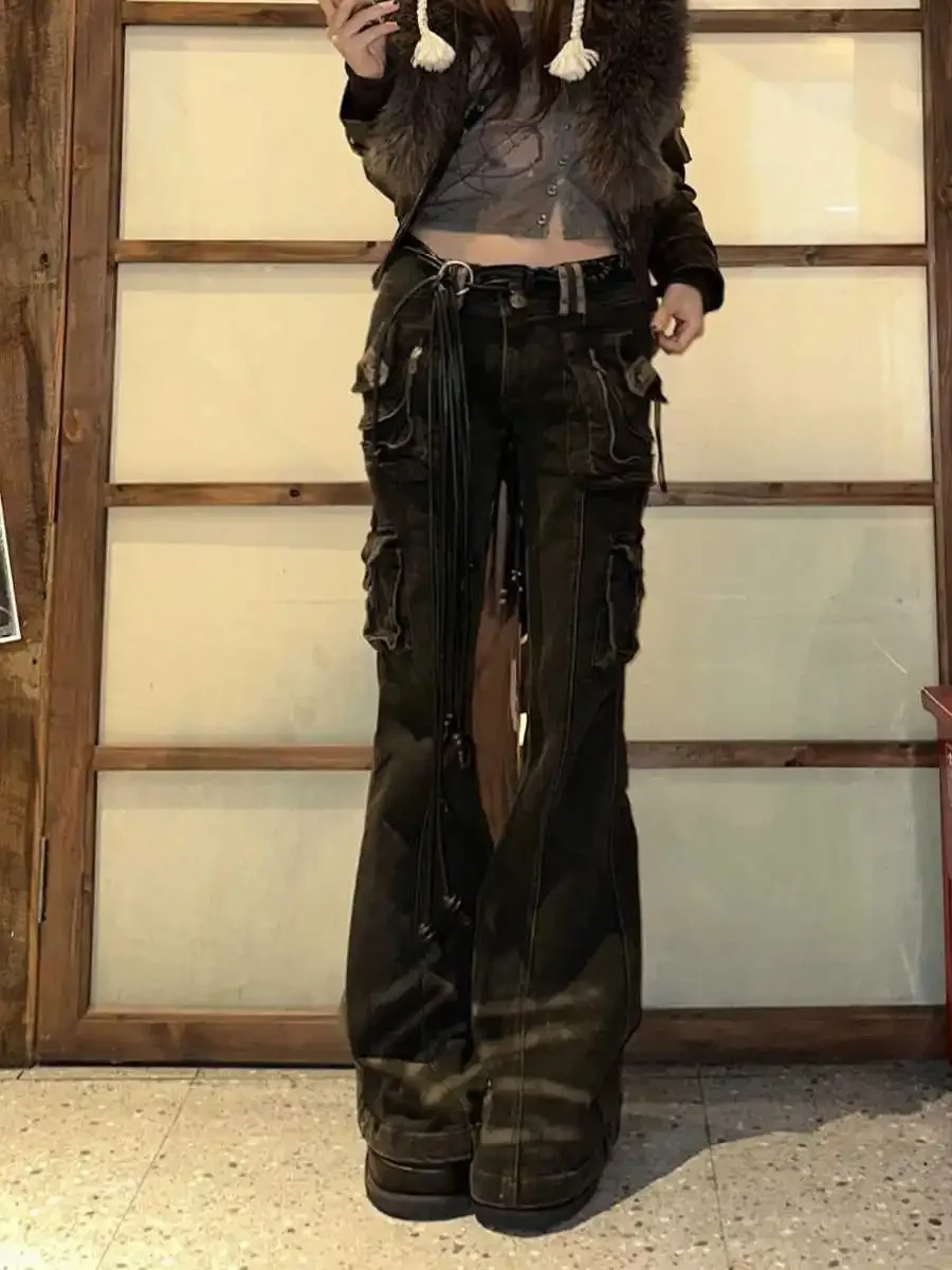 Harajuku Gyaru Y2K Cargo Jeans Women Cyber Punk Hip Pop Chic Vintage Denim Pants Mutil Pockets Grunge 2000s Aesthetic Trousers