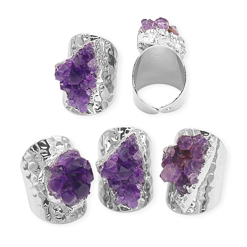 Irregular Rough Stone Amethyst Open Ring for Women Purple Crystal Cluster Gemstones Finger Jewelry