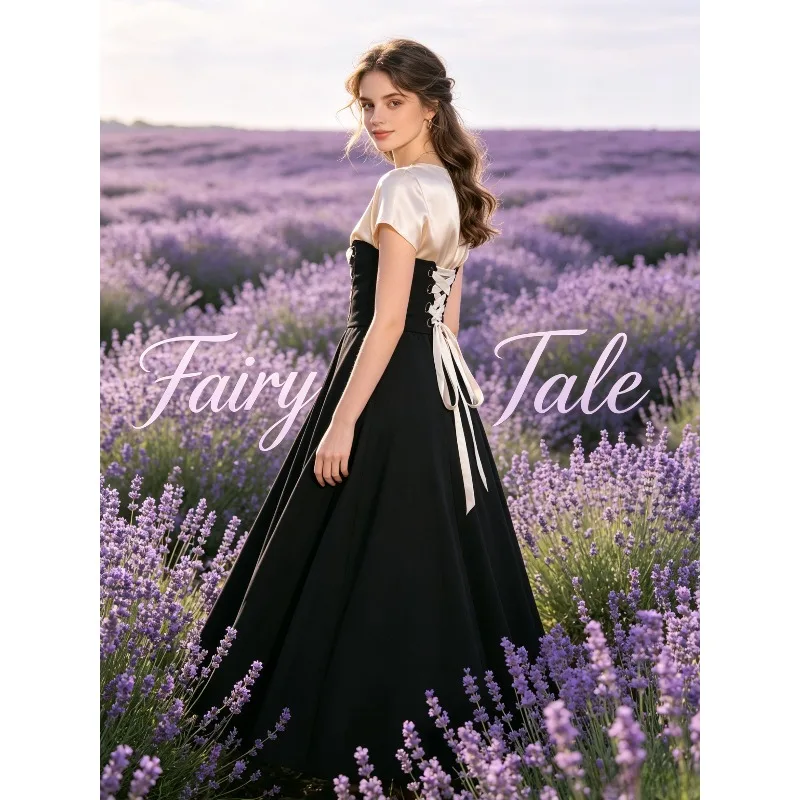 

S-XL Black Vintage Lolita Skirt, French Victorian Long Skirt, Lace-up Corset Waist A-line Half Skirt, Retro Costume for Women