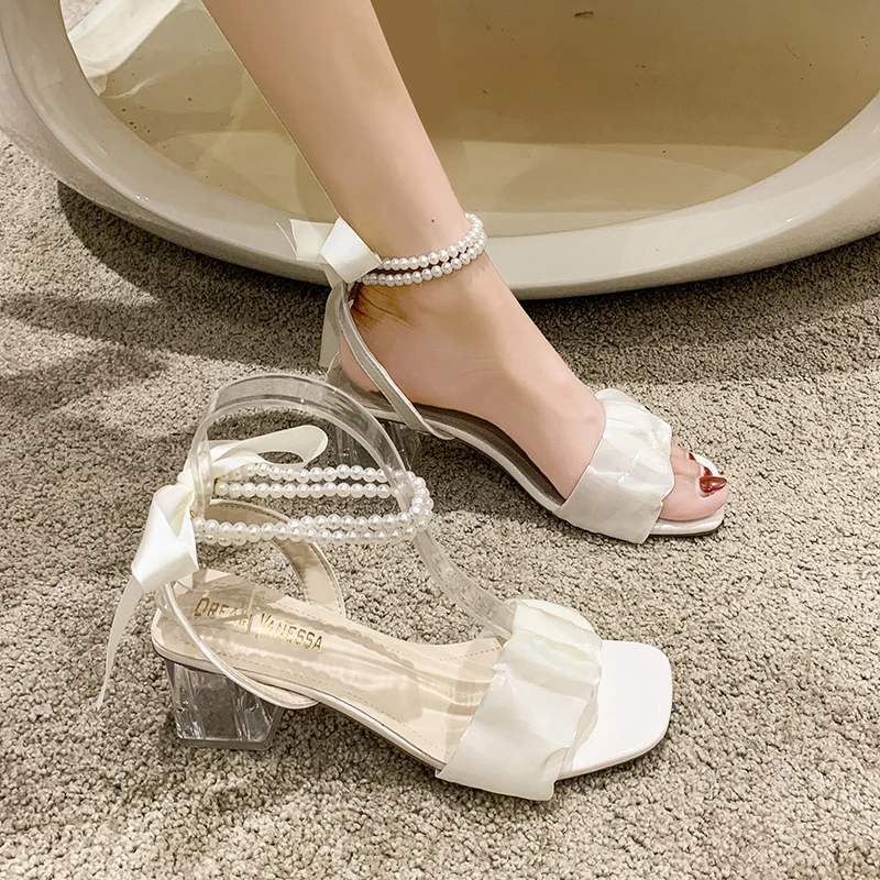 Elegant Pearl Sandals Women Summer Fairy Style Fashion Square Toe Lace String Bead Party Wedding Crystal High Heels Shoe